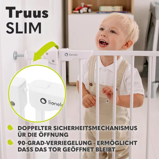 Lionelo Truus Slim biztonsági kapu 75-105 cm, automata zárás, dupla biztonság, nyitható mindkét oldalon - White