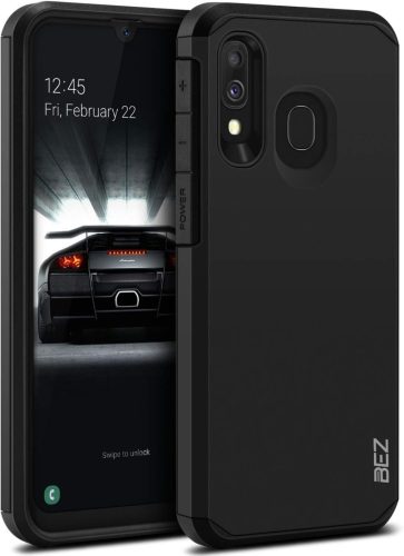 BEZ Samsung Galaxy A40 Ütésálló Tok - Dupla Rétegű Páncél Védőtok Kitámasztóval, Fekete Színben, Strapabíró Műanyag-Gumi Borítás