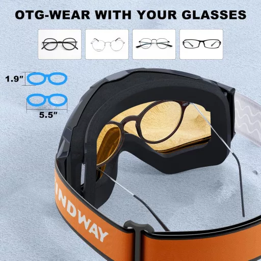 Ochelari de schi Findway OTG pentru purtătorii de ochelari, lentilă oglindă, compatibili cu casca, anti-aburire