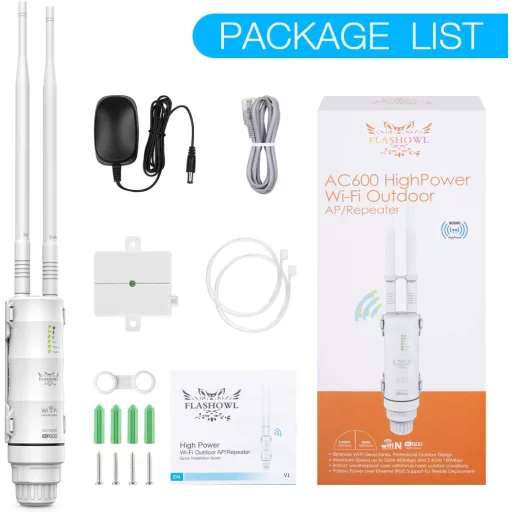 FLASHOWL AC600 Kültéri WiFi Jelismétlő - Vízálló Jelerősítő Dual-Band 2.4G/5GHz Antennával, 600Mbps Adatátvitel, Gigabit Ethernet Porttal