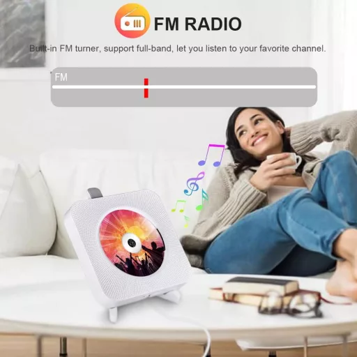 Qoosea Hordozható CD Lejátszó Bluetooth HiFi Hangszóróval - Falra Szerelhető Zenelejátszó FM Rádióval, Távirányítóval és MP3 Csatlakozóval