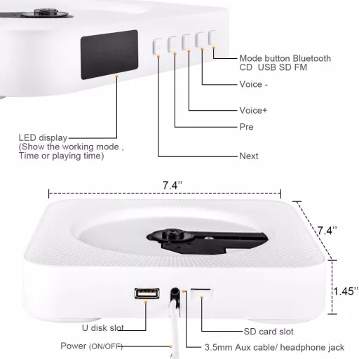 Qoosea Hordozható CD Lejátszó Bluetooth HiFi Hangszóróval - Falra Szerelhető Zenelejátszó FM Rádióval, Távirányítóval és MP3 Csatlakozóval
