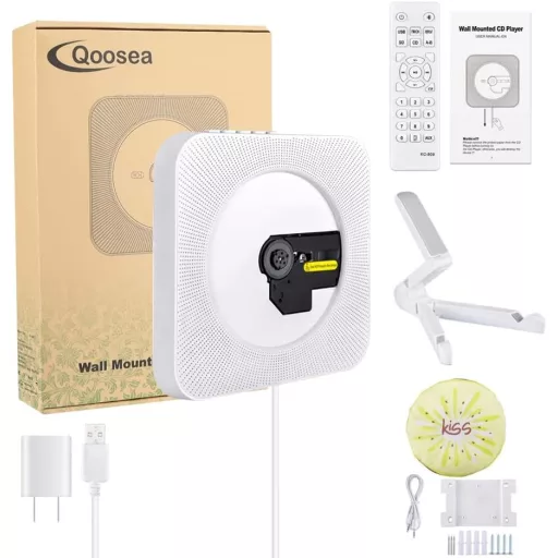 Qoosea Hordozható CD Lejátszó Bluetooth HiFi Hangszóróval - Falra Szerelhető Zenelejátszó FM Rádióval, Távirányítóval és MP3 Csatlakozóval