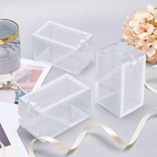 BENECREAT 24 buc. Cutii transparente de cadou cu fundă, 12x7x7 cm, ambalaj decorativ pentru nuntă
