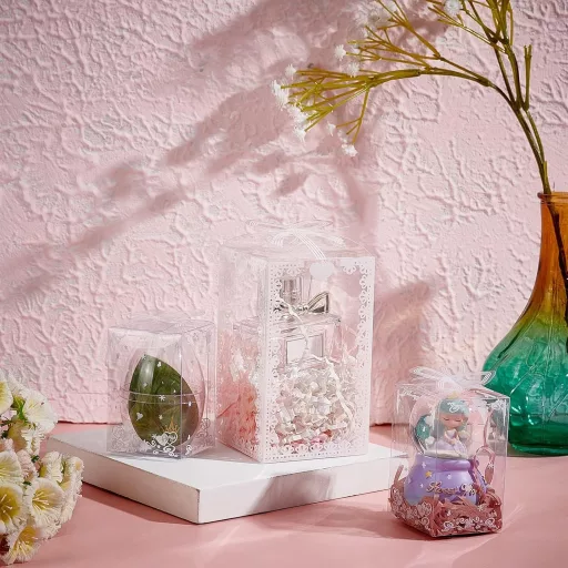 BENECREAT 24 buc. Cutii transparente de cadou cu fundă, 12x7x7 cm, ambalaj decorativ pentru nuntă