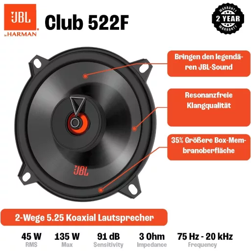 JBL Club 522F 2-utas autóhifi hangszóró szett 135W fekete 13cm