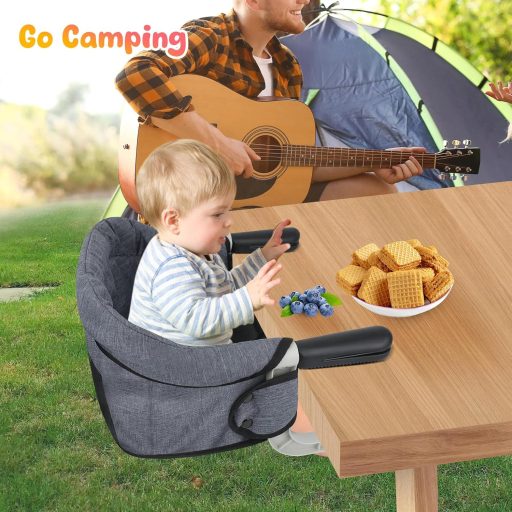 Skladacia stolička na kŕmenie Toogel, prenosný podsedák v sivej farbe s taškou na prenášanie, vhodná domov aj na cesty.