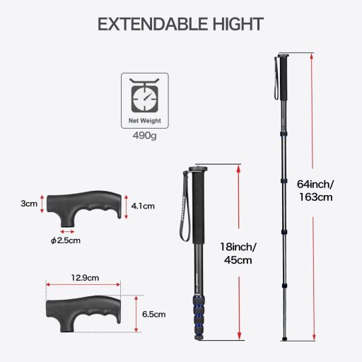 Hliníkový monopod na fotoaparát Koolehaoda s rukoväťou turistickej palice, 5 sekcií, nosnosť 7 kg