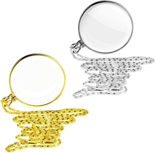 Lupă de Gât Fatiya, cu Mărire de 5X - Elegant Monoclu Unisex Tip Pandantiv cu Lanț - Lupa Bijuterie Aurie/Argintie pentru Colecționari de Timbre, Bijute