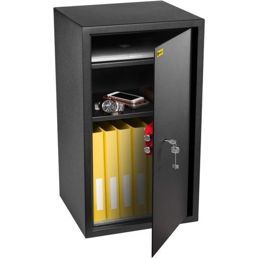 Seif HomeSafe HV70K cu cheie, 70x40x36 cm, seif mare din oțel pentru depozitarea obiectelor de valoare acasă, cu 2 rafturi reglabile, montabil pe perete