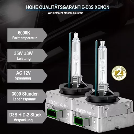 XELORD D3S Xenon HID fényszóró izzó 6000K gyémánt fehér 35W 12V 2db