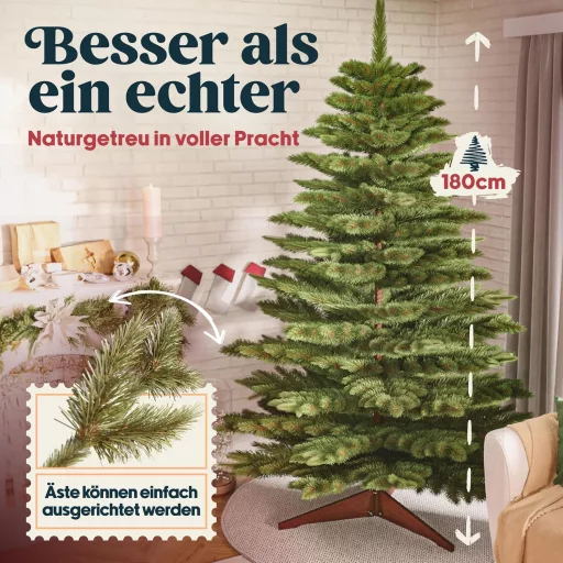 Brad artificial Pure Living 180 cm - Aspect natural, pin Nordmann, cu ramuri bogate, suport din lemn și sac de depozitare - Ignifug, fabricat în UE, brad de Crăciun premium