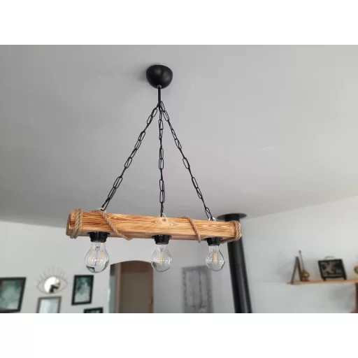 solenzo Drvena viseća svjetiljka s užetom - Rustikalni industrijski stropni luster, 3 E27 grla, prirodno drvo, 60 cm