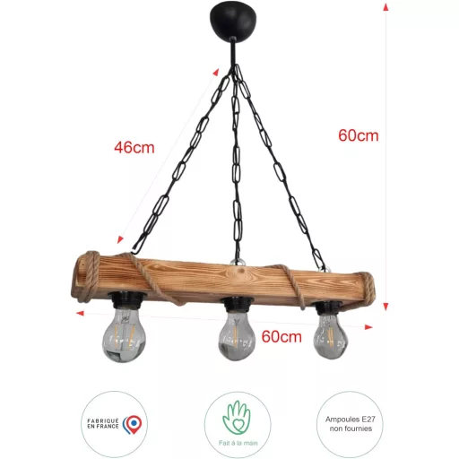 solenzo Fa és Kötél Függőlámpa - Rusztikus Ipari Stílusú Mennyezeti Csillár, 3 E27 Foglalat, Természetes Fa, 60 cm