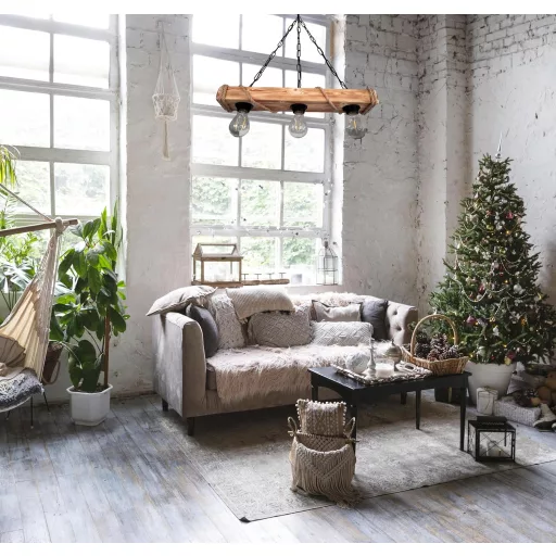 Lustră suspendată Solenzo, din lemn și frânghie - Stil industrial rustic, 3 socluri E27, lemn natural, 60 cm