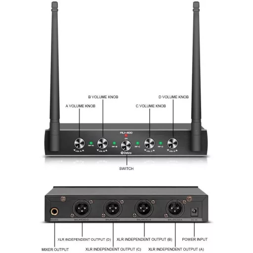 D Debra AU400 Pro UHF 4 csatornás vezeték nélküli mikrofon rendszer karaokéhoz - With 4 Bodypack (A)
