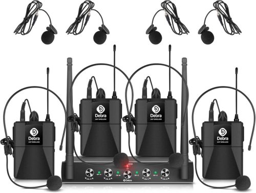 Debra Audio Pro 4-kanálová bezdrôtová mikrofónová súprava na karaoke, s klopovými, ručnými a hlavovými mikrofónmi