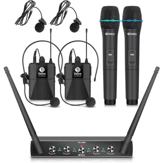   Debra AU400 Pro 4-kanálový UHF bezdrôtový mikrofónový systém - 2 ručné a 2 klopové mikrofóny, kovová prijímacia jednotka, karaoke, podujatia