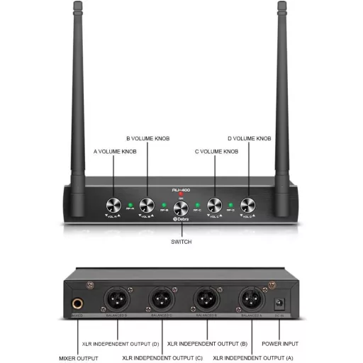 D Debra AU400 Pro UHF 4-Csatornás Vezeték Nélküli Mikrofonrendszer - 2 Kézi és 2 Csíptetős Mikrofon, Fém Vevőegység, Karaoke, Rendezvény