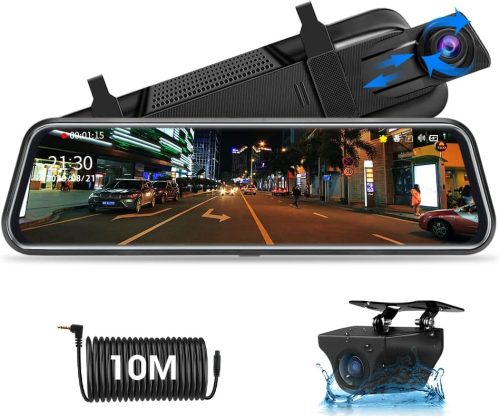 Jansite 10" Érintőképernyős Visszapillantó Tükör Menetrögzítő Kamera FHD 1080P Tolatókamerával, 170° Látószög, Éjjellátó Funkcióval, 10m Káb