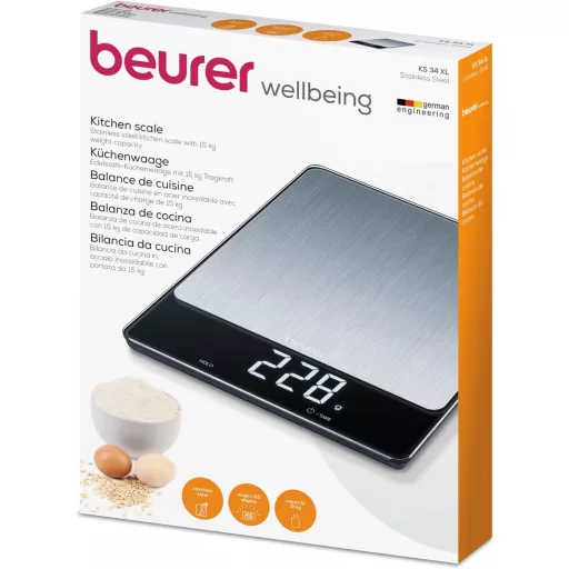 Beurer KS 34 XL rozsdamentes konyhai mérleg 15 kg-ig, tárázás és tartás funkcióval