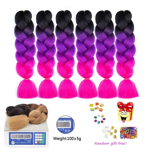 Shangxiu 6 pachete extensii păr împletit jumbo, ombre maro mov roz, păr sintetic rezistent la căldură