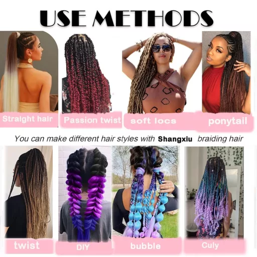Shangxiu 6 pachete extensii păr împletit jumbo, ombre maro mov roz, păr sintetic rezistent la căldură