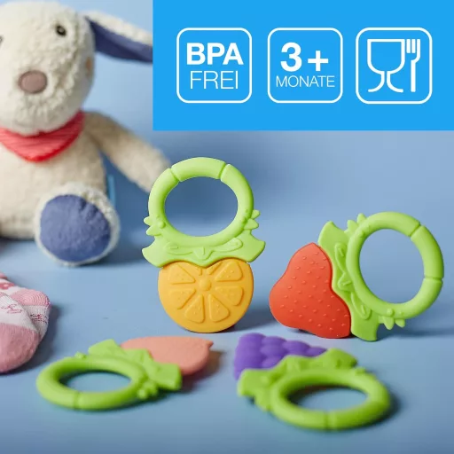 ifancy Gyümölcs Alakú Rágóka Babáknak - Higiénikus Szilikon Fogzássegítő Játék - BPA-mentes Színes Harapójáték Fogfájás Enyhítésére - 4 db-o