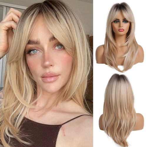 OUFEI 50 cm Dlhá Rovná Blond Parochňa s Tmavými Korienkami - Tepelne Odolné Syntetické Vlasy na Každodenné Nosenie