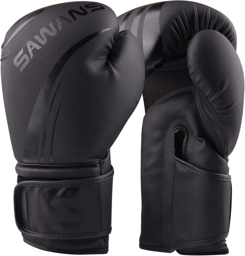 SAWANS Professzionális Bokszkesztyű MMA, Sparring, Kickbox, Muay Thai Edzéshez - Műbőr, Matt Fekete, Unisex, 283g