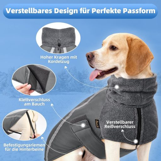 SlowTon téli kutyakabát polár fleece béléssel, magas nyakkal, reflektív csíkokkal, vízálló S méret szürke