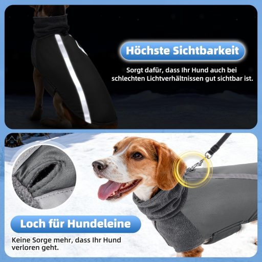 SlowTon téli kutyakabát polár fleece béléssel, magas nyakkal, reflektív csíkokkal, vízálló S méret szürke