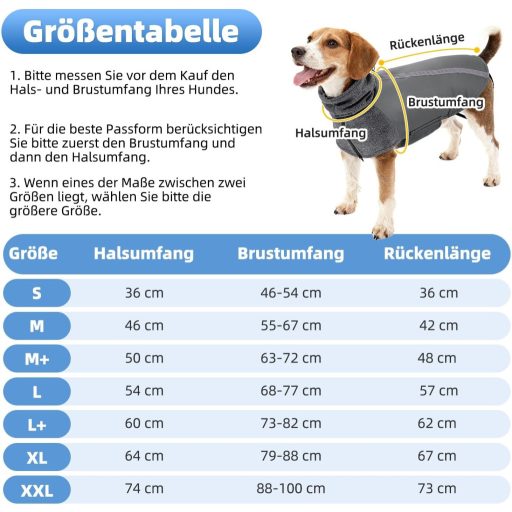 SlowTon téli kutyakabát polár fleece béléssel, magas nyakkal, reflektív csíkokkal, vízálló S méret szürke