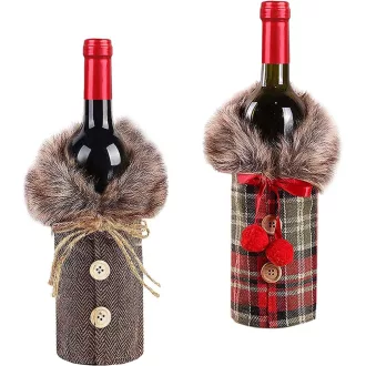   Set Huse Sticle de Vin de Crăciun - 2 buc. Decorațiuni Sticle Bordo cu Model Moș Crăciun pentru Masa Festivă, Reutilizabile din In, 24x17 cm