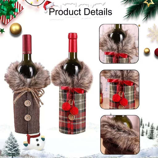 Set Huse Sticle de Vin de Crăciun - 2 buc. Decorațiuni Sticle Bordo cu Model Moș Crăciun pentru Masa Festivă, Reutilizabile din In, 24x17 cm