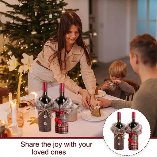 Set Huse Sticle de Vin de Crăciun - 2 buc. Decorațiuni Sticle Bordo cu Model Moș Crăciun pentru Masa Festivă, Reutilizabile din In, 24x17 cm