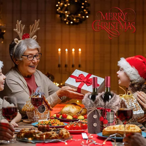 Set Huse Sticle de Vin de Crăciun - 2 buc. Decorațiuni Sticle Bordo cu Model Moș Crăciun pentru Masa Festivă, Reutilizabile din In, 24x17 cm