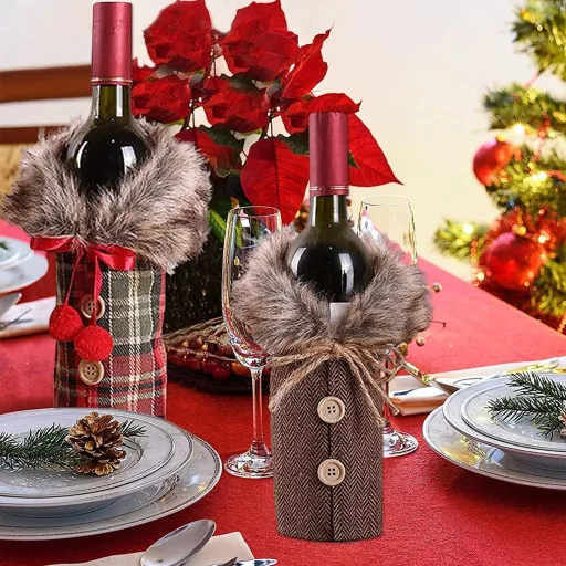 Set Huse Sticle de Vin de Crăciun - 2 buc. Decorațiuni Sticle Bordo cu Model Moș Crăciun pentru Masa Festivă, Reutilizabile din In, 24x17 cm