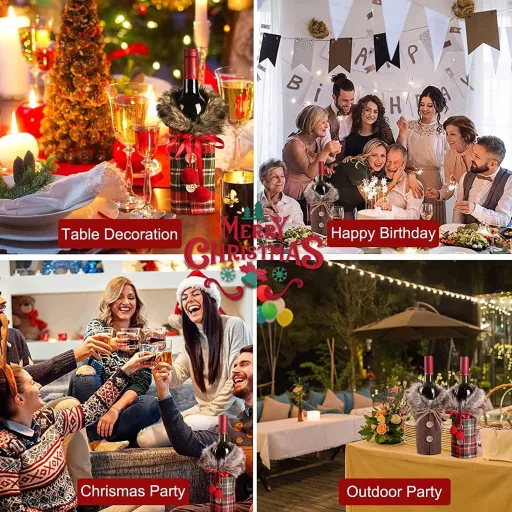 Set Huse Sticle de Vin de Crăciun - 2 buc. Decorațiuni Sticle Bordo cu Model Moș Crăciun pentru Masa Festivă, Reutilizabile din In, 24x17 cm