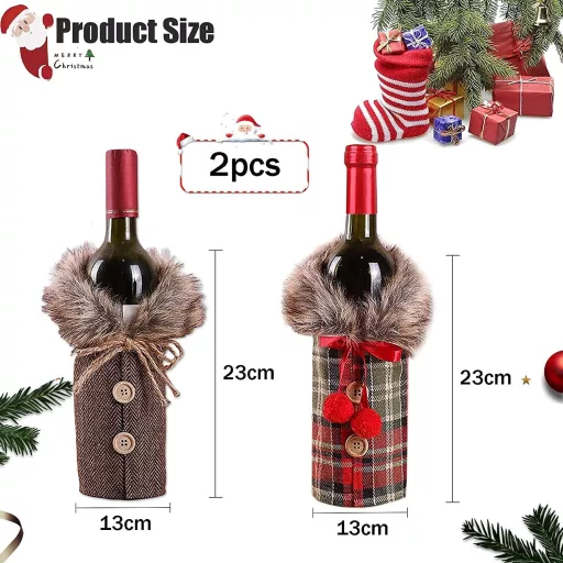 Set Huse Sticle de Vin de Crăciun - 2 buc. Decorațiuni Sticle Bordo cu Model Moș Crăciun pentru Masa Festivă, Reutilizabile din In, 24x17 cm