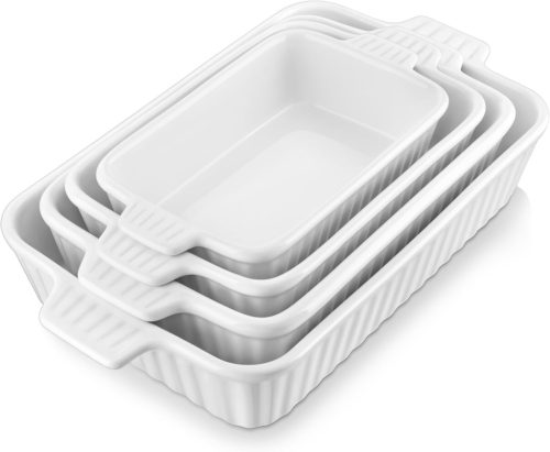 MALACASA Set de 4 vase de copt din porțelan - Vase albe din ceramică termorezistentă cu mânere, lavabile în mașina de spălat vase, congelabile, formă dreptunghiulară