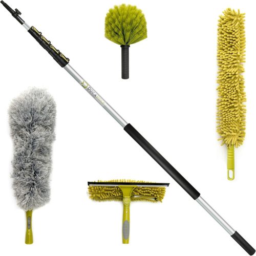 Set de curățare telescopic DocaPole de 7 metri - Îndepărtător de pânze de păianjen, pămătuf din microfibră și 4 capete de curățare - Mâner din oțel inoxidabil