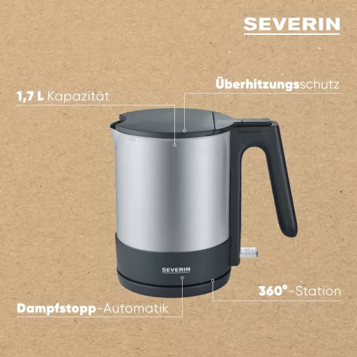 SEVERIN WK 3409 Kompakt Vízforraló 2200W Rozsdamentes Acél 1,7L Fekete