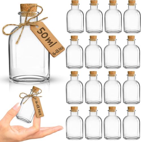 Mini sticle de sticlă Volila cu dop de plută - 16 x 50 ml Sticluțe pentru decor nunți - Cu pâlnie, etichete și sfoară - Cadou pentru oaspeți