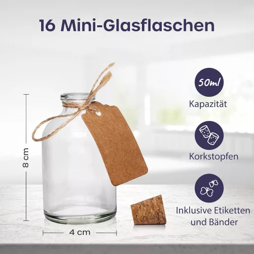 volila Mini Üvegpalackok Parafa Dugóval - 16 x 50 ml Kis Üvegek Esküvői Dekorációhoz - Tölcsérrel, Címkékkel és Zsinórral - Ajándék Vendégek