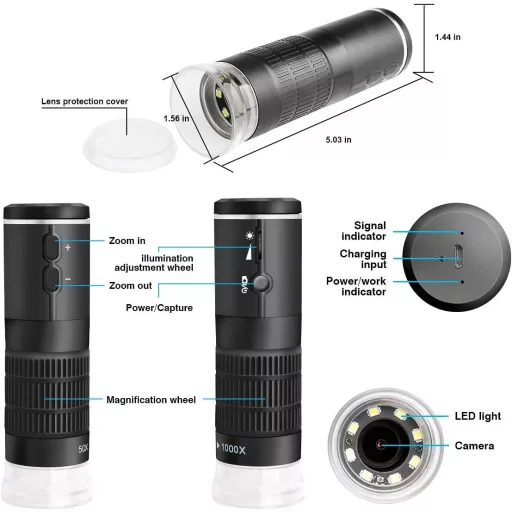 Microscop digital WiFi Cainda - Înregistrare HD 1080P, Mărire 50-1000x, Compatibil iOS/Android/Windows/Mac, Cu iluminare LED, Stativ metalic