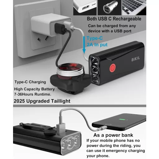Set Faruri Bicicletă USB-C BIKIL 2400 Lumeni - Față și Spate cu Baterie 6400 mAh, Carcasă Aluminiu, Instalare Ușoară, Șosea și