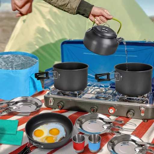 Odoland 29-dijelni set posuđa za kampiranje za 4 osobe - aluminijska posuda, tava, čajnik, sklopiva kanta, pribor za jelo od nehrđajućeg čelika, torba za nošenje