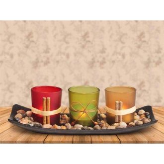   LED Design Tealights mécses Lámpák , 3 Gyertyatartós Készlet Kavicsos Fa Tálcán