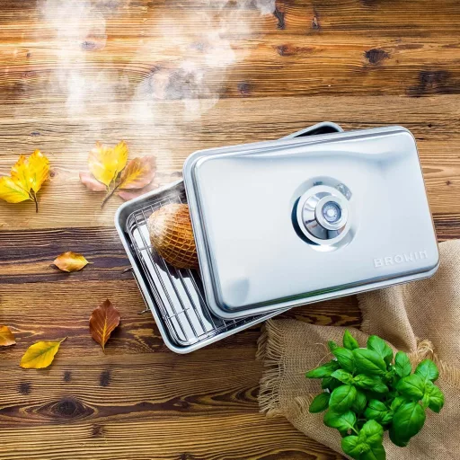 Nerezová udiareň Browin Deluxe – prenosná, s teplomerom a štiepkou na údenie